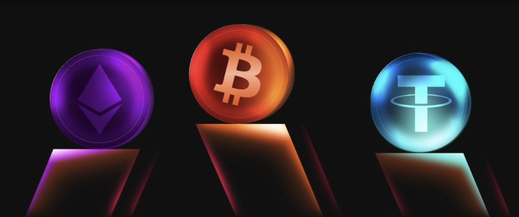 Ethereum, Bitcoin, and Tether — 3D coin illustration